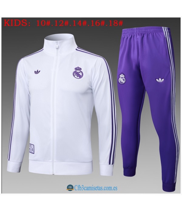 CFB3-Camisetas Chándal real madrid 2025/26 retro white long zipper - niÑos
