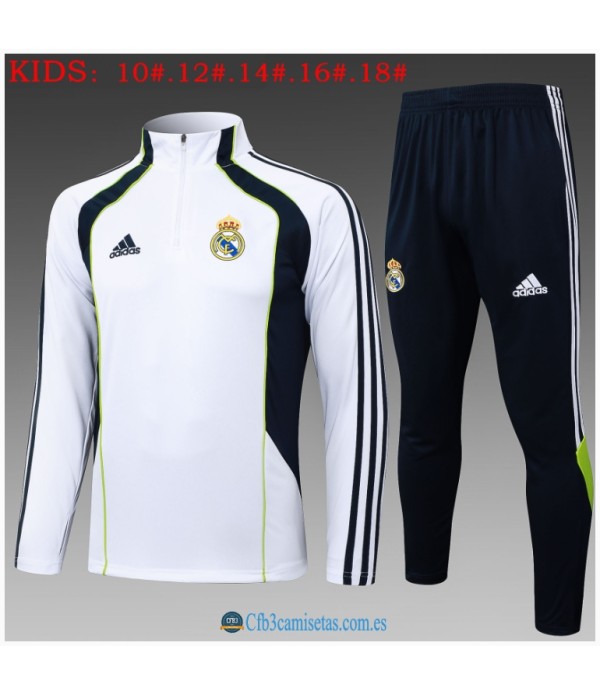 CFB3-Camisetas Chándal real madrid 2025/26 white with dark bule half zipper - niÑos